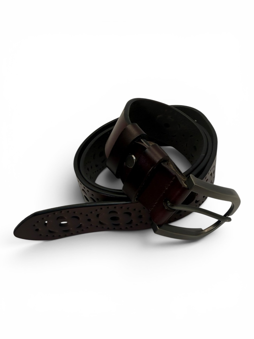 Buckle Brand Perforated Brown Leather Belt with Brushed Metal Buckle